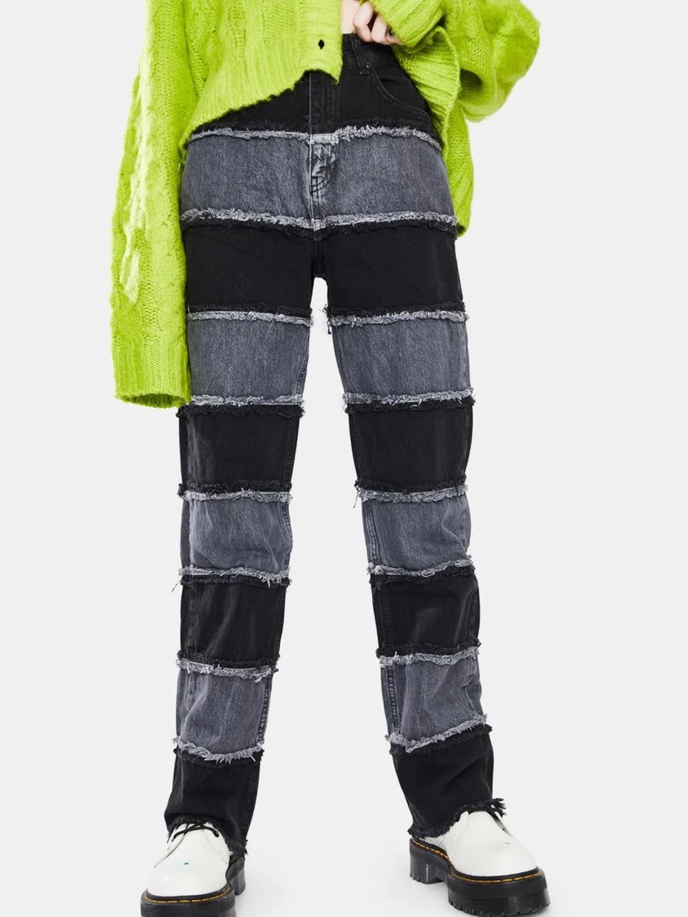 The Ragged Priest Black and Gray Striped Patchwork Jeans